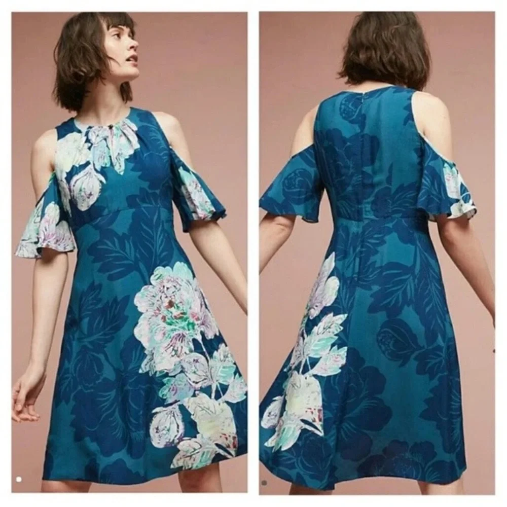 Anthropologie Maeve Elia Open Shoulder Dress Blue Floral Lined Sz 0 - Picture 1 of 16